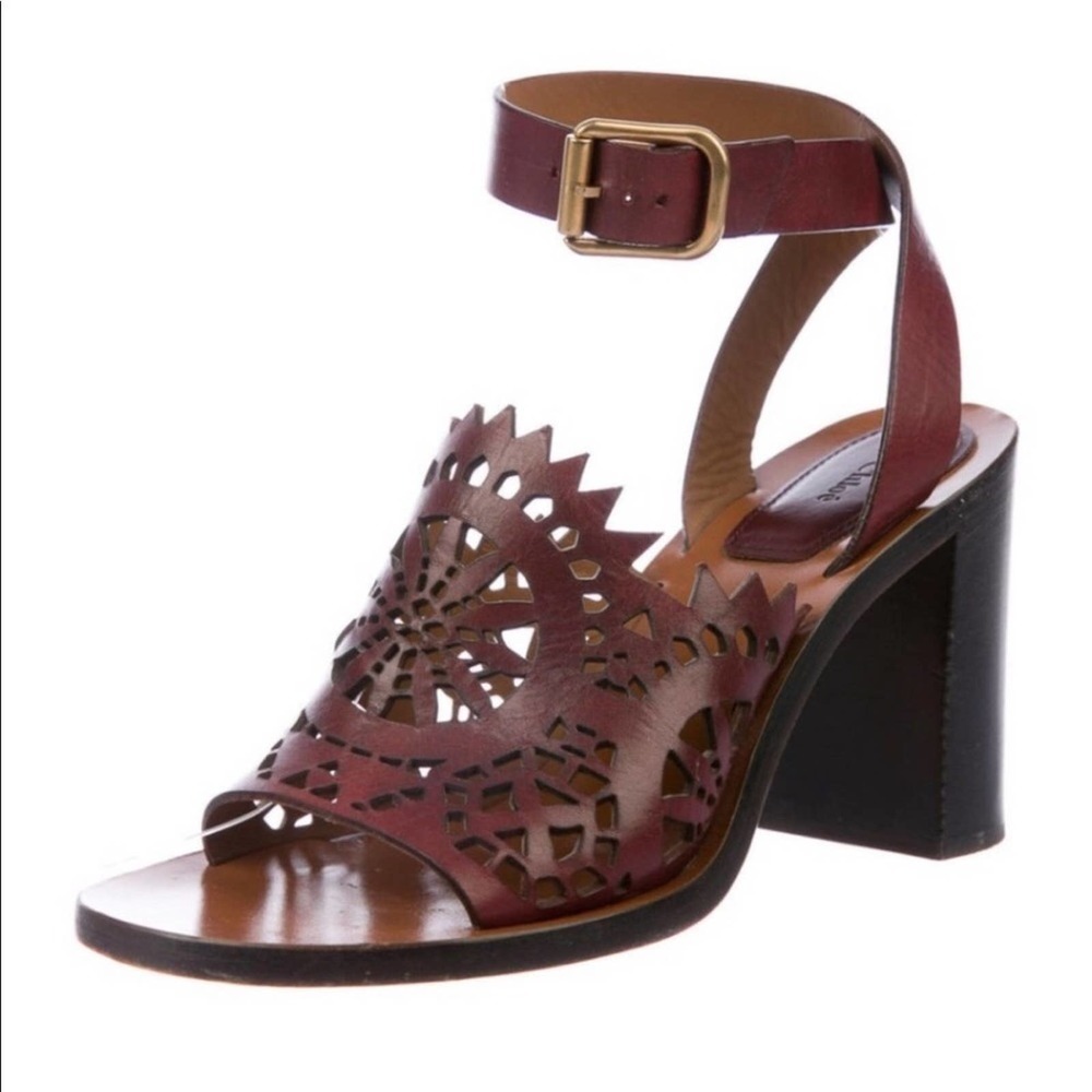 Chloe Kelby Leather Maroon Laser Cut Buckle Ankle Strap Block Heeled Sandal 7.5